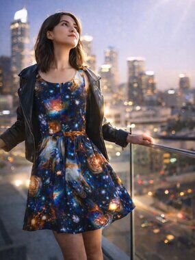 ModCloth Galaxy Cotton Dress Sleeveless Fit & Flare A Line Size Large Medium